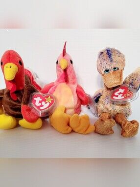 TY Beanie Babies Lot of 3 Turkey Pink Flamingo Glow Duck Plush with Tags